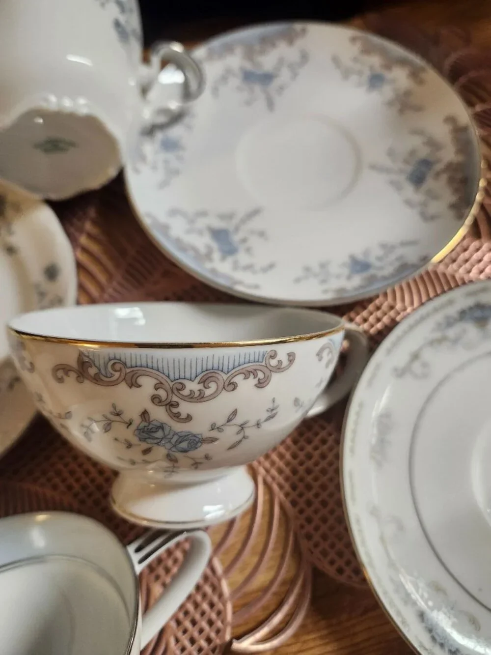 Mismatched China Tea Cups & Saucers Blues 5 Sets Floral Porcelain